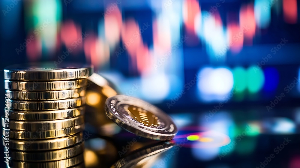 Poster closeup of shiny gold coins on a reflective surface with cryptocurrency market data in the backgroun