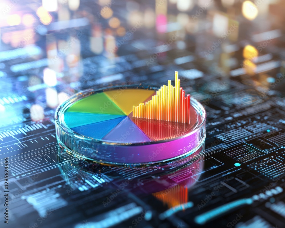 Poster a vibrant data visualization concept featuring a colorful pie chart and bar graph. ideal for tech, b