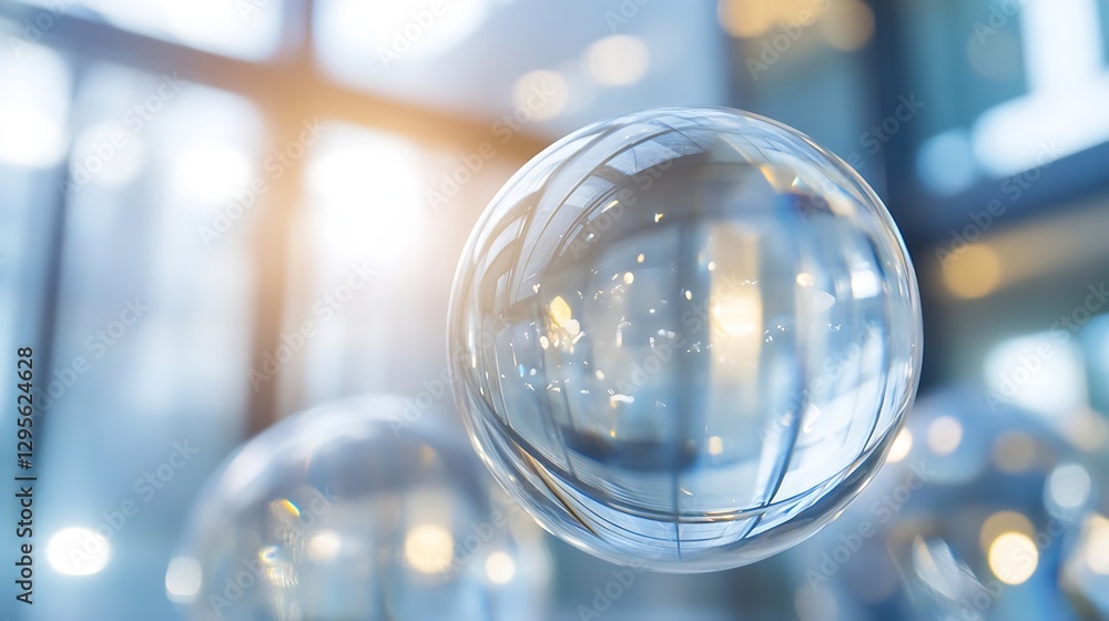 Poster crystal clear soap bubbles floating in bright daylight creating a mesmerizing effect : generative ai