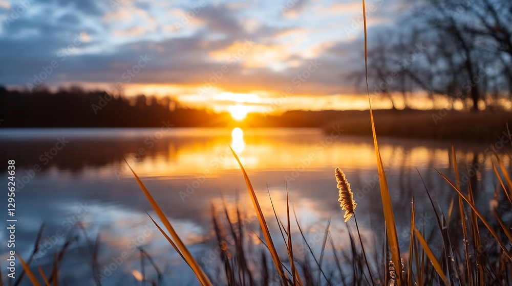 Poster tranquil sunset view over still lake with grasses and calm reflections : generative ai
