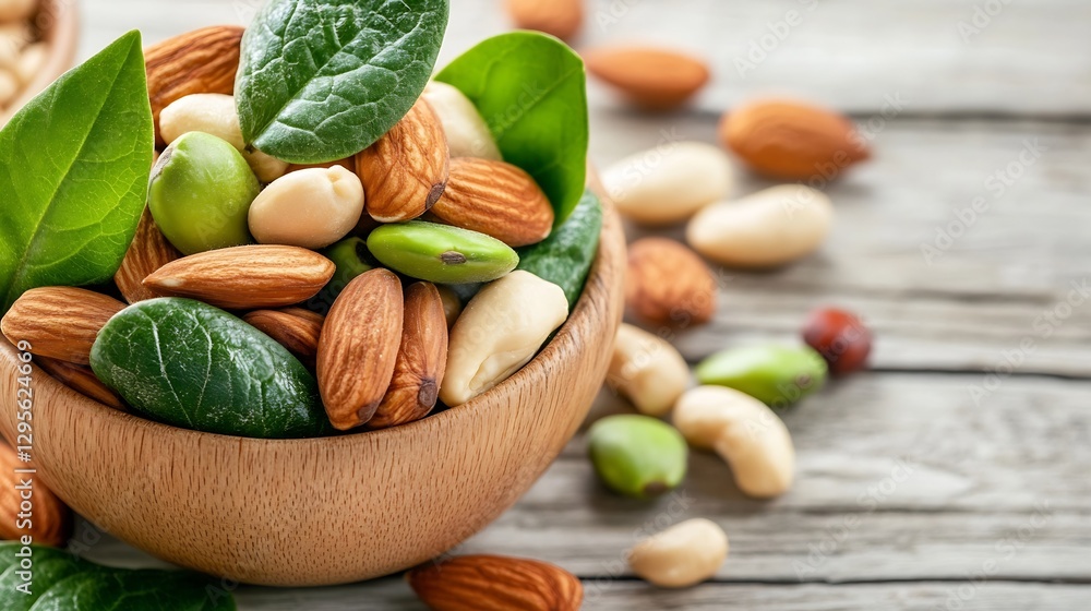 Aufkleber organic mixed nuts with green leaves in a rustic wooden bowl on a table : generative ai