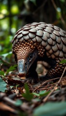 pangolin in a dense jungle, pausing as it hears an approaching threat