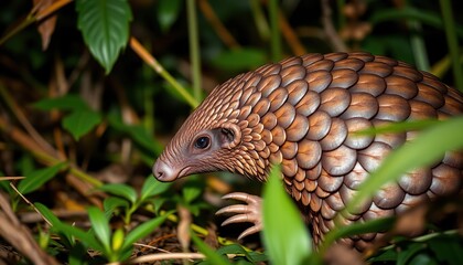 Fototapeta premium pangolin in a dense jungle, pausing as it hears an approaching threat
