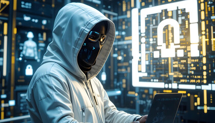 hacker in white hoodie, glowing digital firewall, encryption codes. Ai generated image