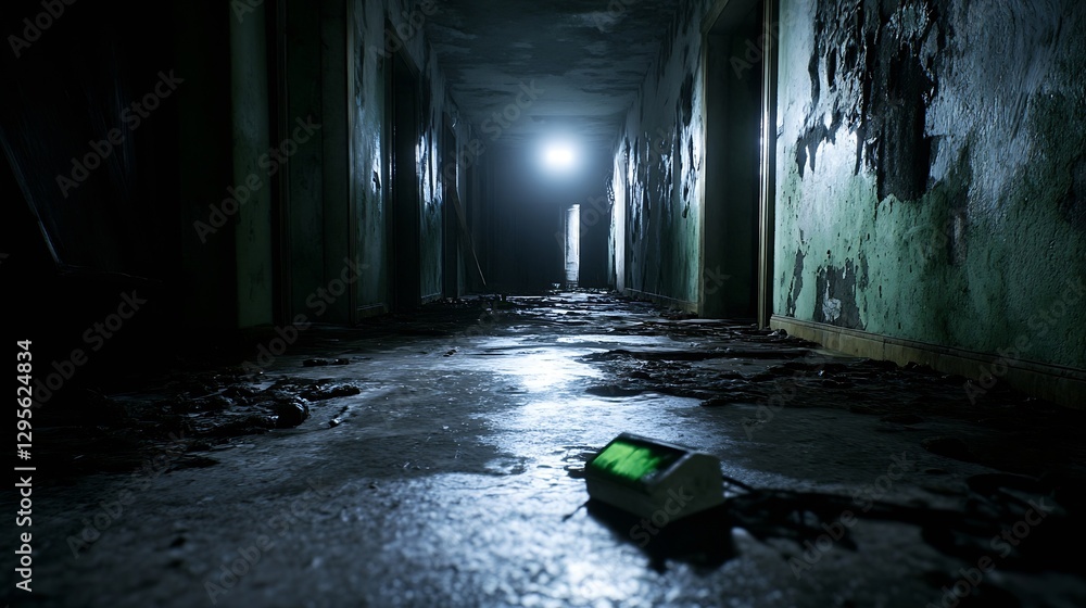 Poster desolate abandoned hallway with light at the end illuminating a eerie atmosphere of decay : generati