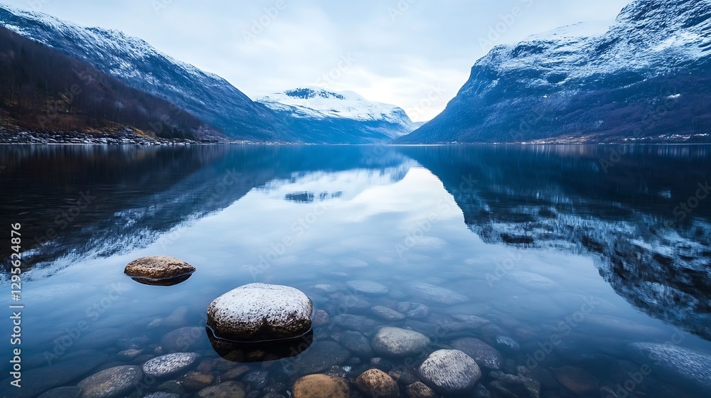 Poster tranquil mountain lake reflecting snowcapped peaks with stone foreground : generative ai