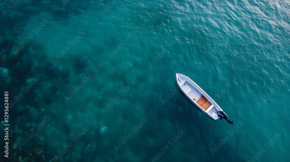 Poster aerial view of a small motorboat floating on clear turquoise waters : generative ai