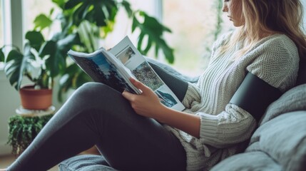 A person wearing an elbow brace and reading a magazine in a calm, cozy room. Featuring protection and comfort