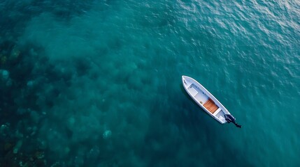 Fototapeta premium Aerial View of a Small Motorboat Floating on Clear Turquoise Waters : Generative AI