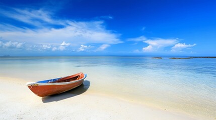 Serene beach scene featuring a rustic fishing boat nestled in soft golden sand with a crystal blue ocean backdrop : Generative AI