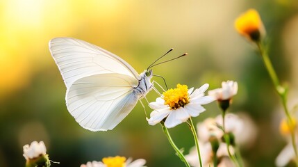 Fototapeta premium Beautiful closeup of a white butterfly perched on vibrant flowers capturing nature's delicate beauty : Generative AI