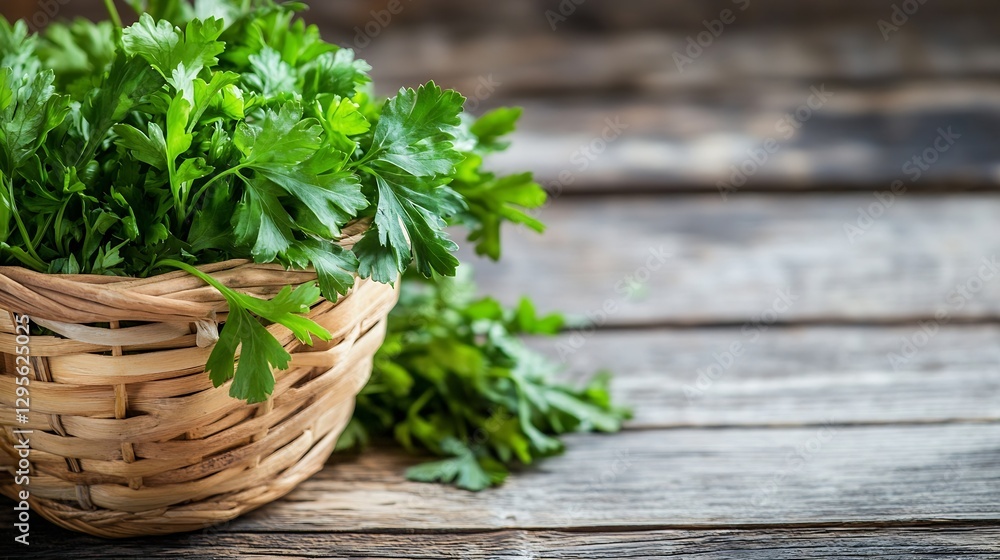 Aufkleber fresh cilantro leaves in a woven basket on rustic wooden table background : generative ai