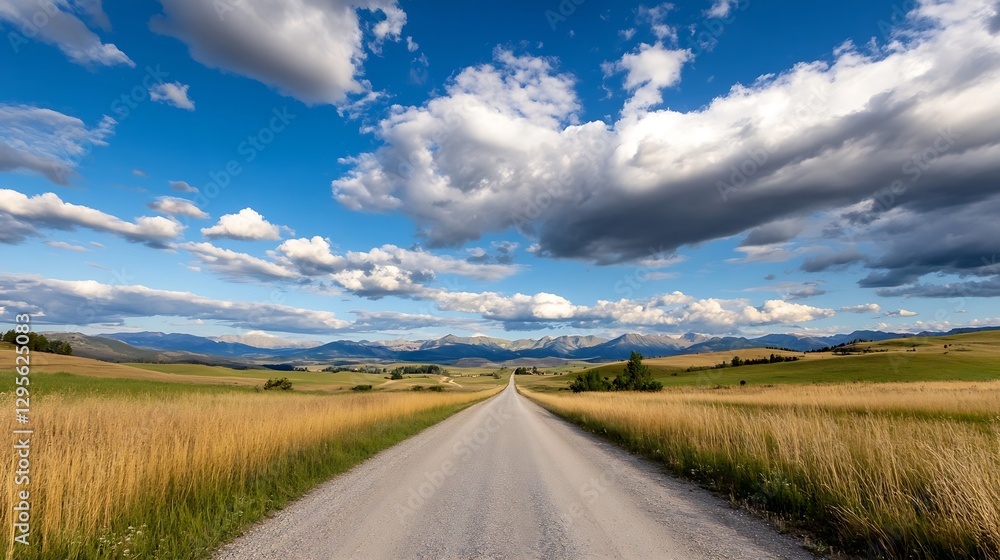Poster wide open road stretching through golden fields under a dramatic sky : generative ai