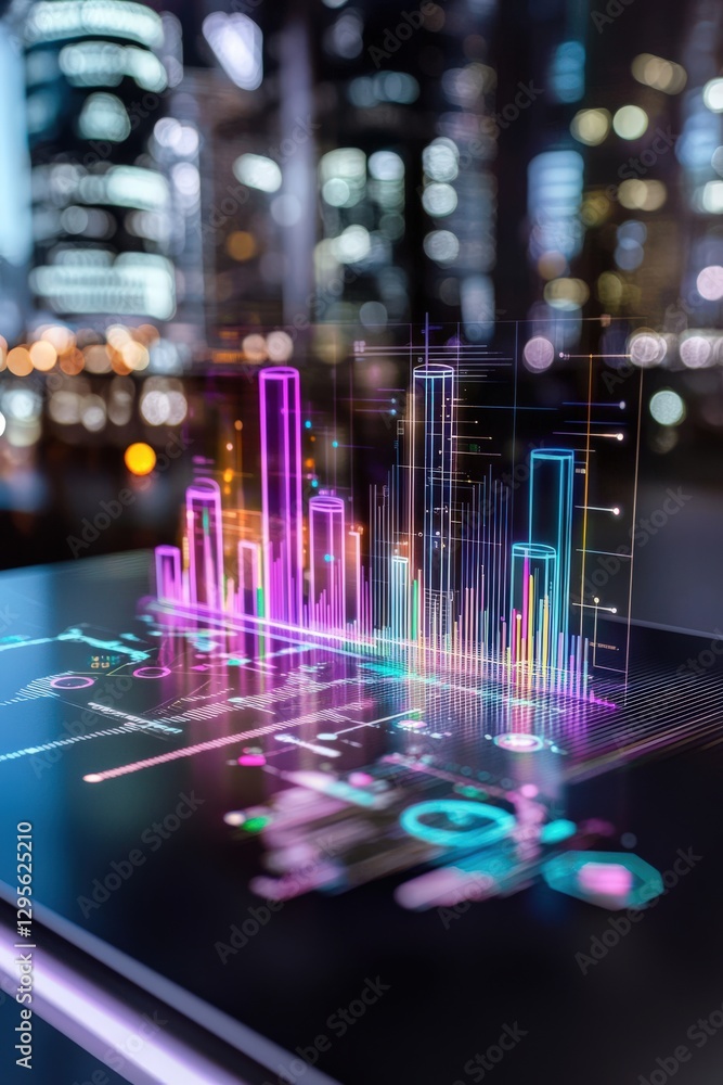 Poster a vibrant data visualization displayed on a sleek digital interface, surrounded by a futuristic city