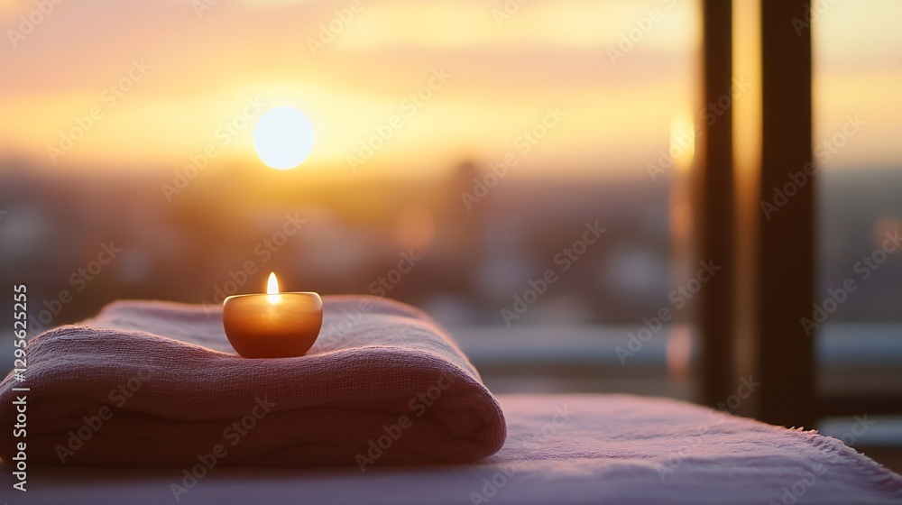 Aufkleber serene sunset spa setting with candle and soft towels for relaxation : generative ai