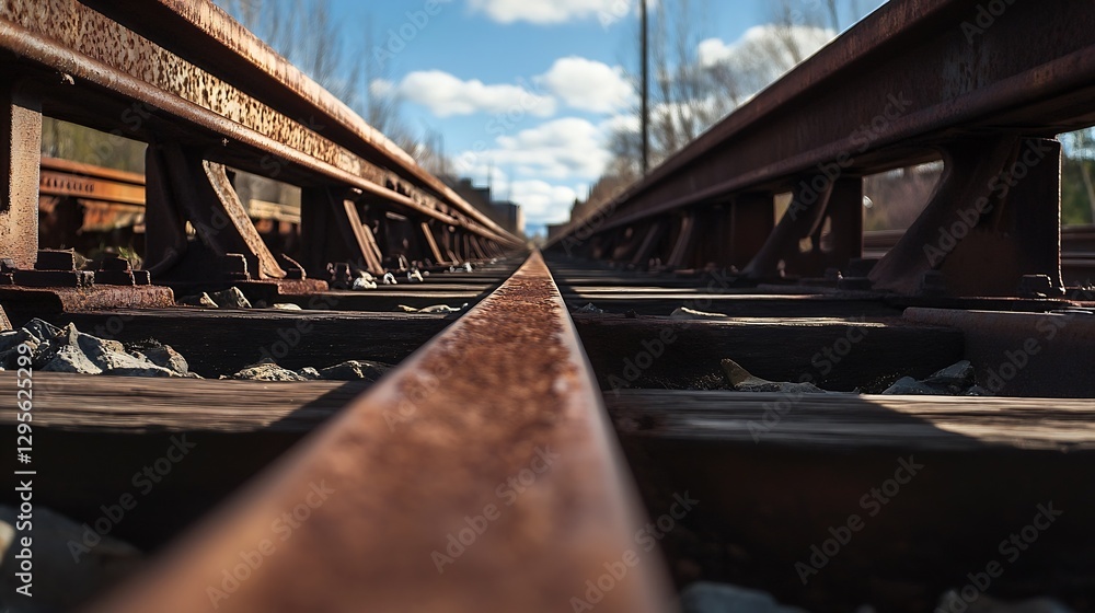 Poster perspective view of rusty railway tracks converging under a bright blue sky with fluffy clouds : gen