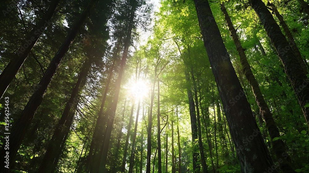Poster majestic sunlight filtering through tall trees in a lush green forest creating breathtaking scenery 