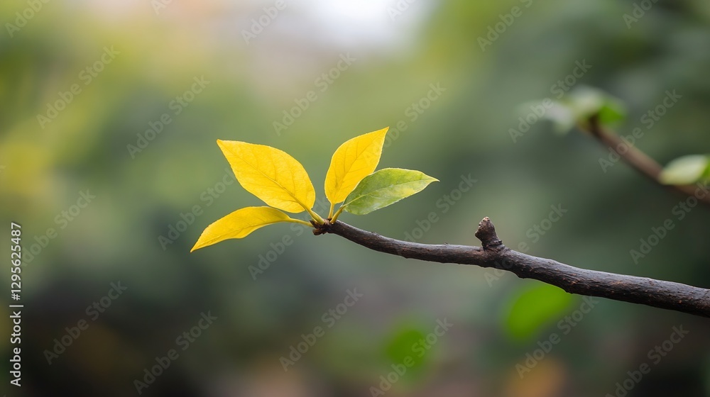 Poster closeup of bright yellow leaves on a branch surrounded by soft green background : generative ai