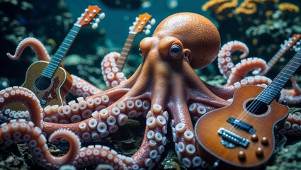 octopus with guitars underwater, playful and colorful aquatic performance, easy and fun