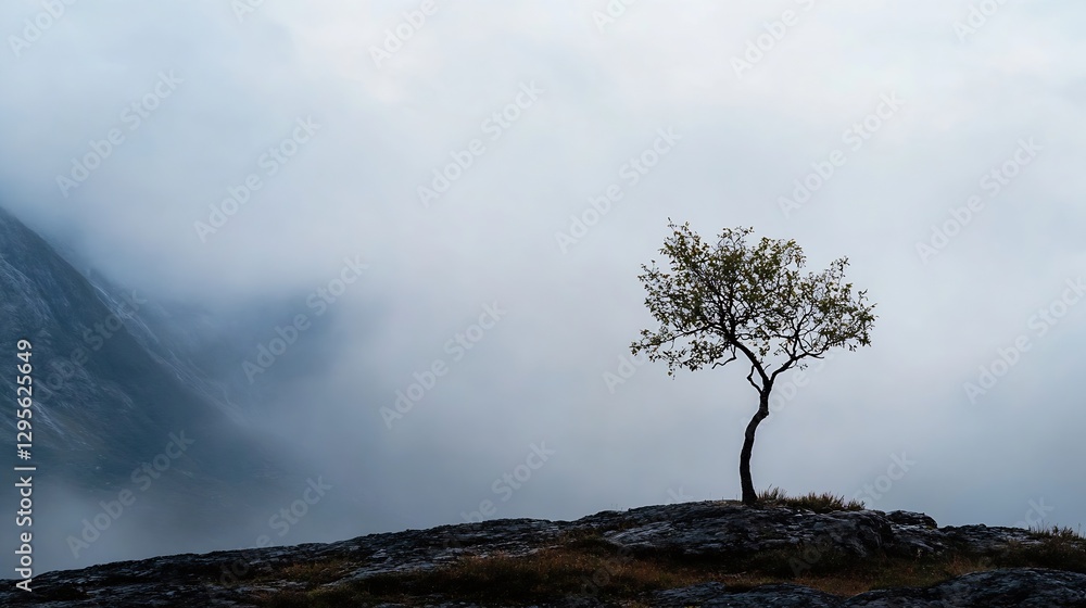 Poster Lone tree standing resilient on rocky terrain enveloped in fog creating a dramatic landscape : Generative AI