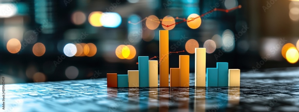 Poster a vibrant data visualization featuring colorful bar charts on a sleek surface, illuminated by soft b