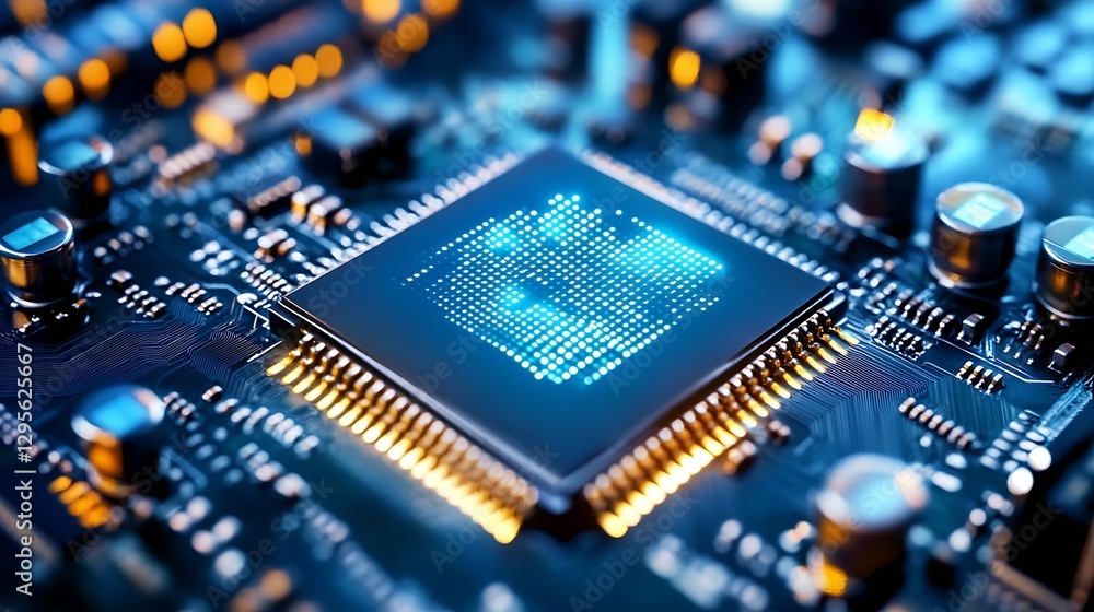 Poster Close Up Image of a Computer Microchip with Blue LED Lights on Circuit Board : Generative AI