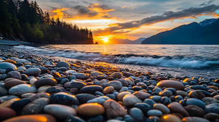 Obraz premium Colorful pebbles on a beach with sunset in British Columbia, Canada. Beautiful wallpaper background.