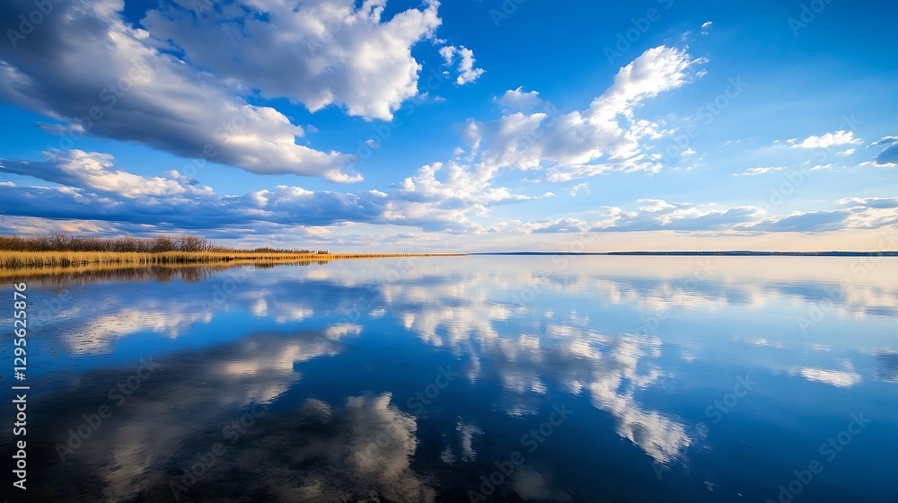 Poster Stunning Serene Reflections of Clouds Over Tranquil Water Surface During Bright Daylight : Generative AI
