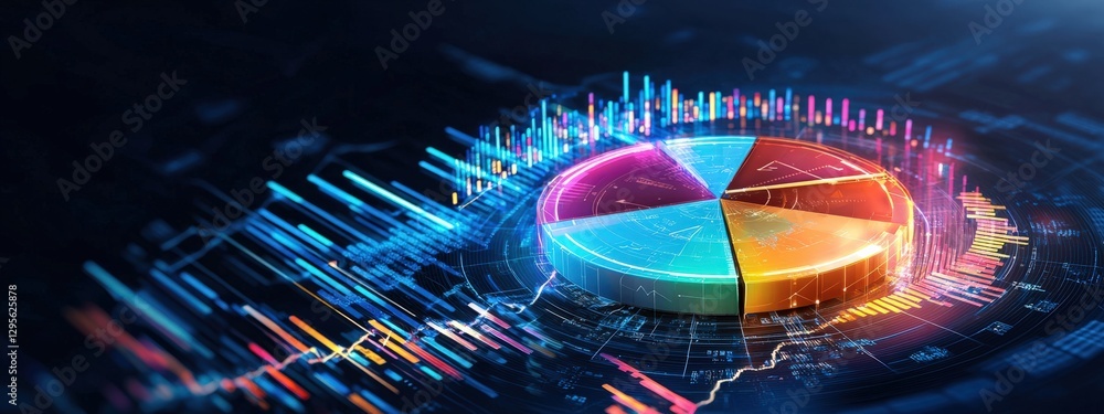 Poster A colorful pie chart surrounded by vibrant data graphs. This image represents advanced data analysis and visualization techniques suitable for business reports.