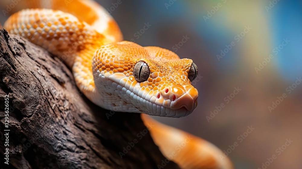 Poster closeup of a vibrant and detailed ball python resting peacefully on a natural wooden surface : gener