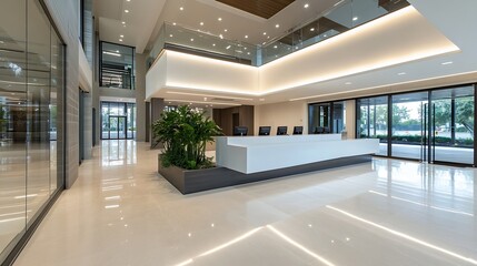 Fototapeta premium Modern office lobby with sleek design and bright lighting featuring green plants and a reception desk : Generative AI