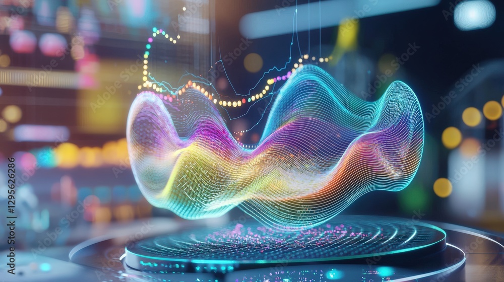 Poster a vibrant and colorful visualization of data waves, representing technology and innovation in a digi