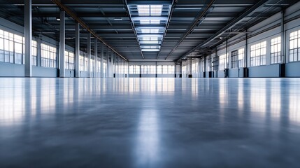 Fototapeta premium Spacious empty warehouse with vast concrete floor and large windows for natural light : Generative AI