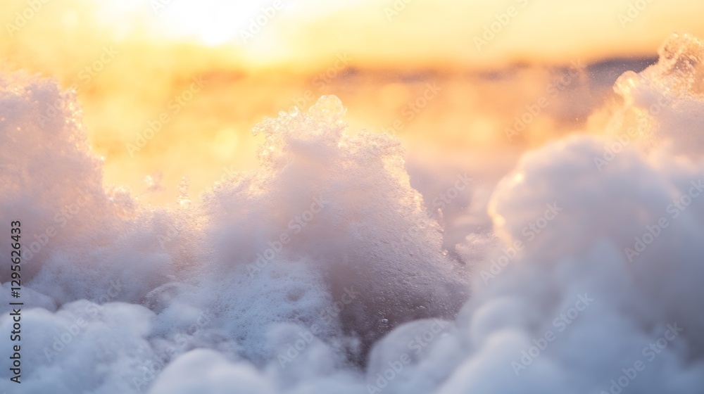 Aufkleber Glistening Sea Foam on the Shore at Sunset Creating a Dreamy Atmosphere with Soft Colors and Gentle Waves : Generative AI