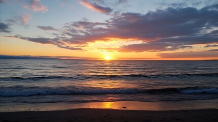Fototapeta premium Calm beach scene with sunset over water illuminating the gentle waves creating dreamy reflections : Generative AI