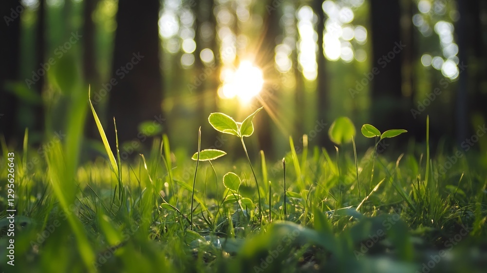 Poster closeup of fresh green plant sprouts illuminated by sunlight in a tranquil forest setting : generati
