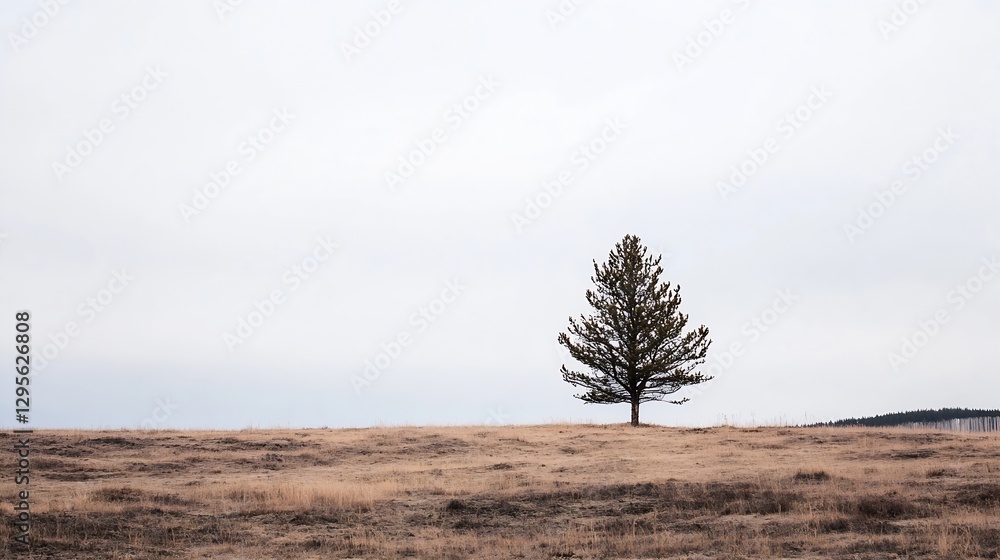 Aufkleber Solitary tree standing tall in a vast open field under a cloudy sky creating a beautiful minimalist landscape : Generative AI