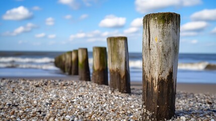 Weathered wooden posts along a beach with calm waters and blue sky : Generative AI