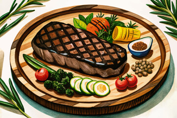 stake with vegetables on funny background cartoon illustration