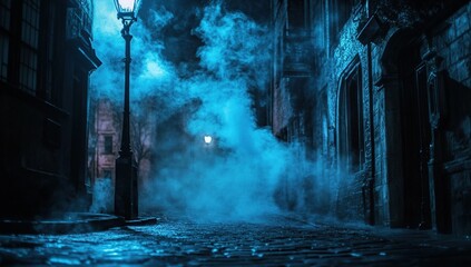 Dark Blue Foggy Night City Street Scene