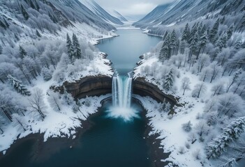 A stunning aerial view of a waterfall in Norway during winter, with a frozen lake and snowy mountains in the background