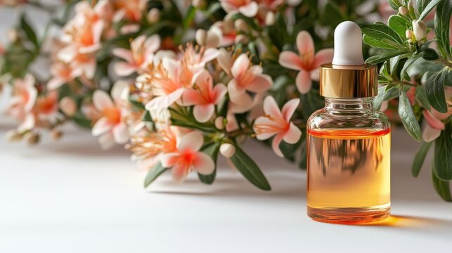 Luxury bottle of Boronia Absolute flowers essential oil with blooming flowers