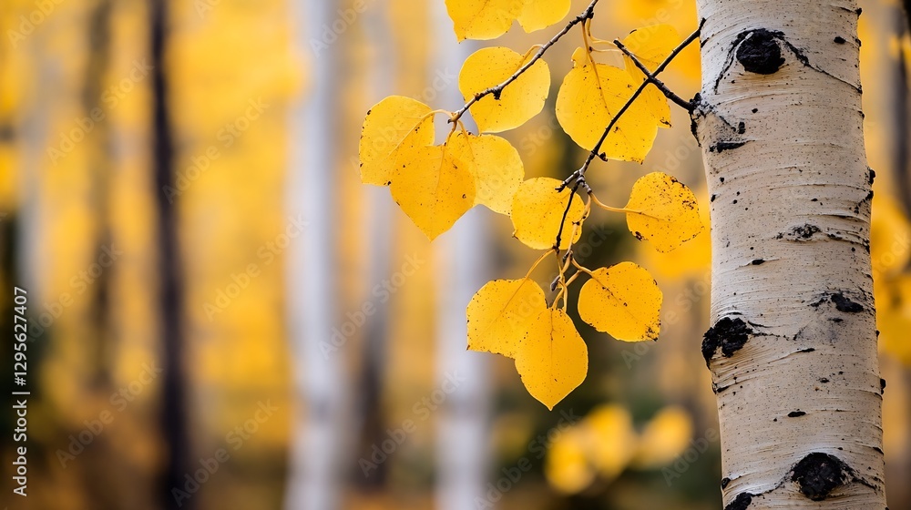 Poster gold and orange autumn leaves against a white tree trunk in serene forest setting : generative ai