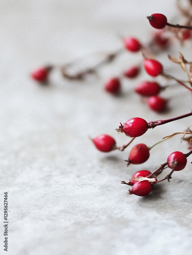 Leinwandbilder delicate red berries on a branch set against a minimalist grey background creating a natural aesthet