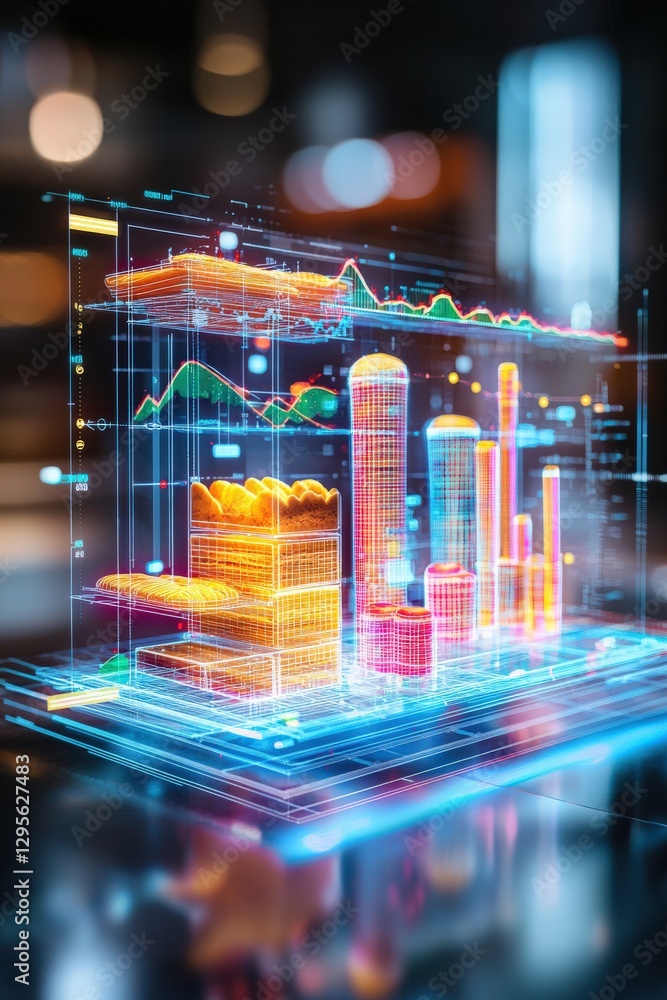 Poster vibrant digital data visualization showcasing various charts and graphs, ideal for representing mark