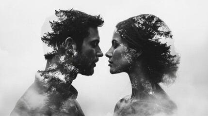 Black And White Double Exposure Portrait Of A Couple Showing Intimacy And Connection