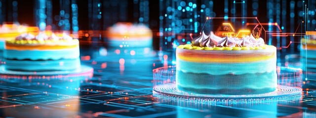 A vibrant digital representation of colorful cakes illuminated with futuristic technology, perfect for showcasing innovation in culinary art and celebrations.