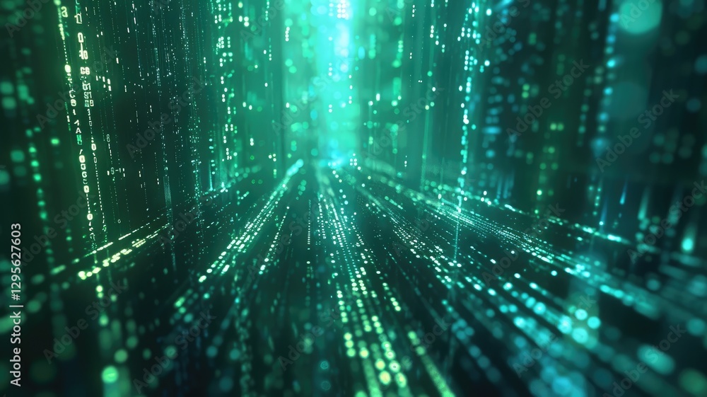 Poster explore a vibrant artistic visualization of digital technology, showcasing an abstract landscape of 