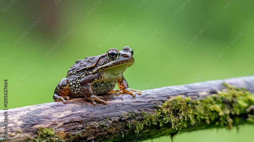 Fototapete close-up of a green frog relaxing on a mossy log in a lush environment : generative ai