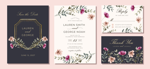 wedding invitation set with floral garden watercolor